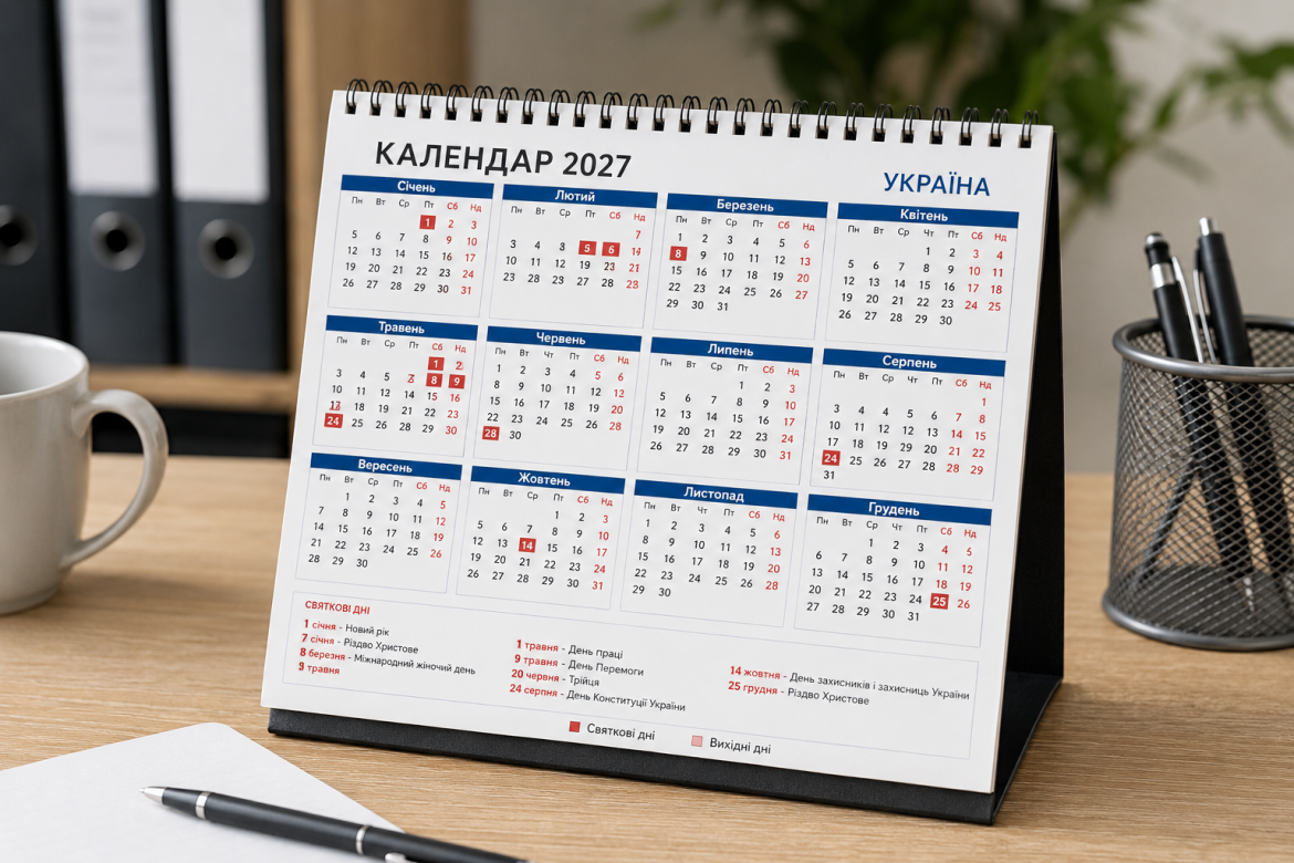 Настільний календар України на 2027 рік із позначеними святковими та вихідними днями на офісному столі поруч із чашкою, ручкою та підставкою для олівців