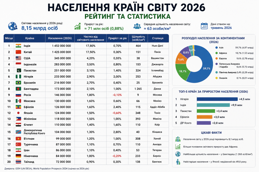 Інфографіка з рейтингом 20 найбільших країн світу за населенням у 2026 році: Індія на першому місці з 1,45 млрд осіб, розподіл за континентами та топ-5 країн за приростом