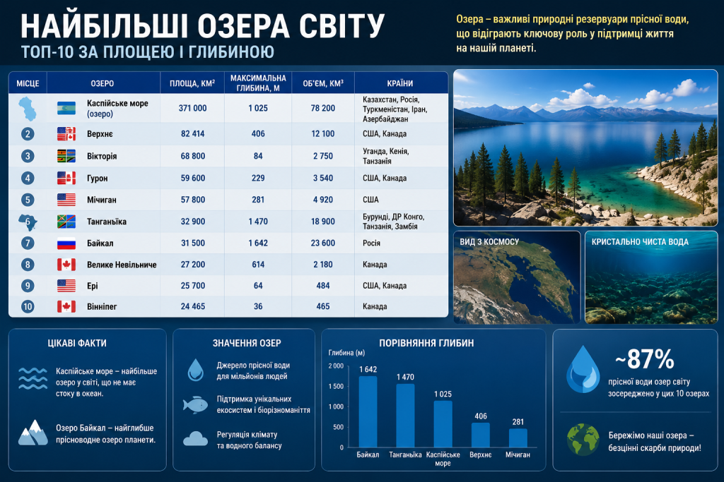 Інфографіка «Найбільші озера світу» з таблицею топ-10 озер за площею, глибиною та об'ємом, порівнянням глибин на графіку та цікавими фактами