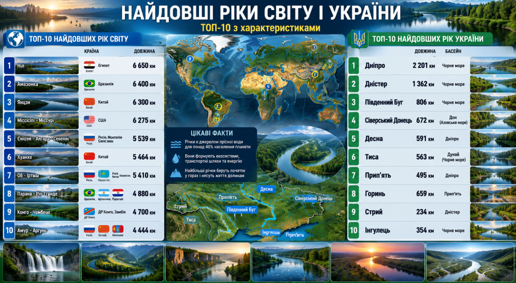Інфографіка «Найдовші річки світу і України» з топ-10 річок кожного переліку, картою світу та картою річок України з довжиною і басейном