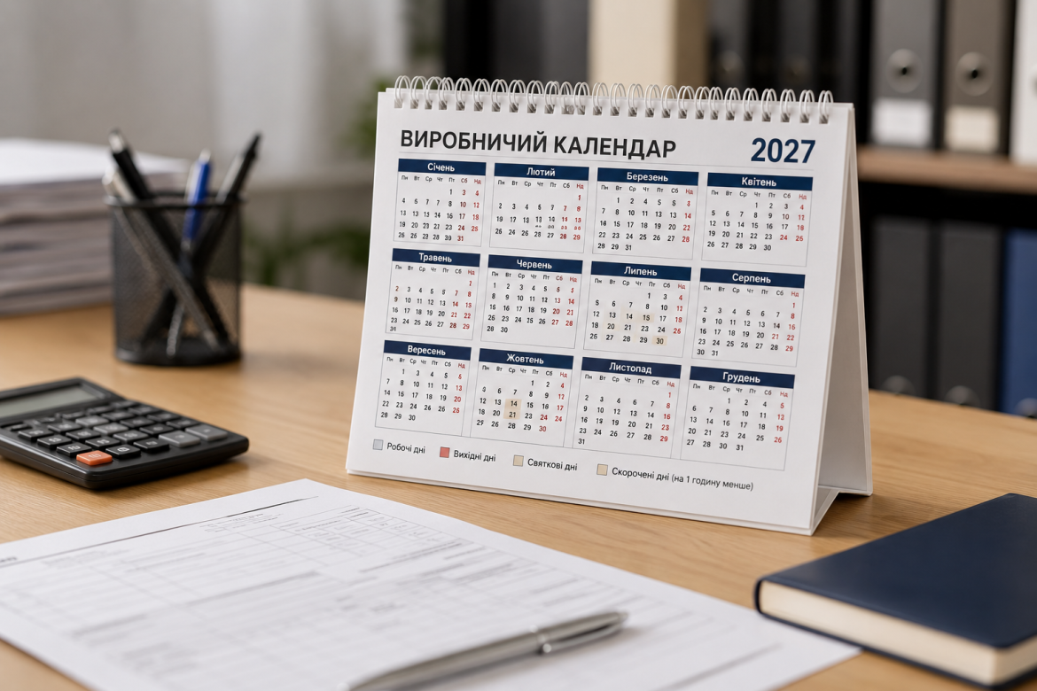 Настільний виробничий календар на 2027 рік на офісному столі поруч із калькулятором, ручкою та документами, вихідні та святкові дні позначені червоним