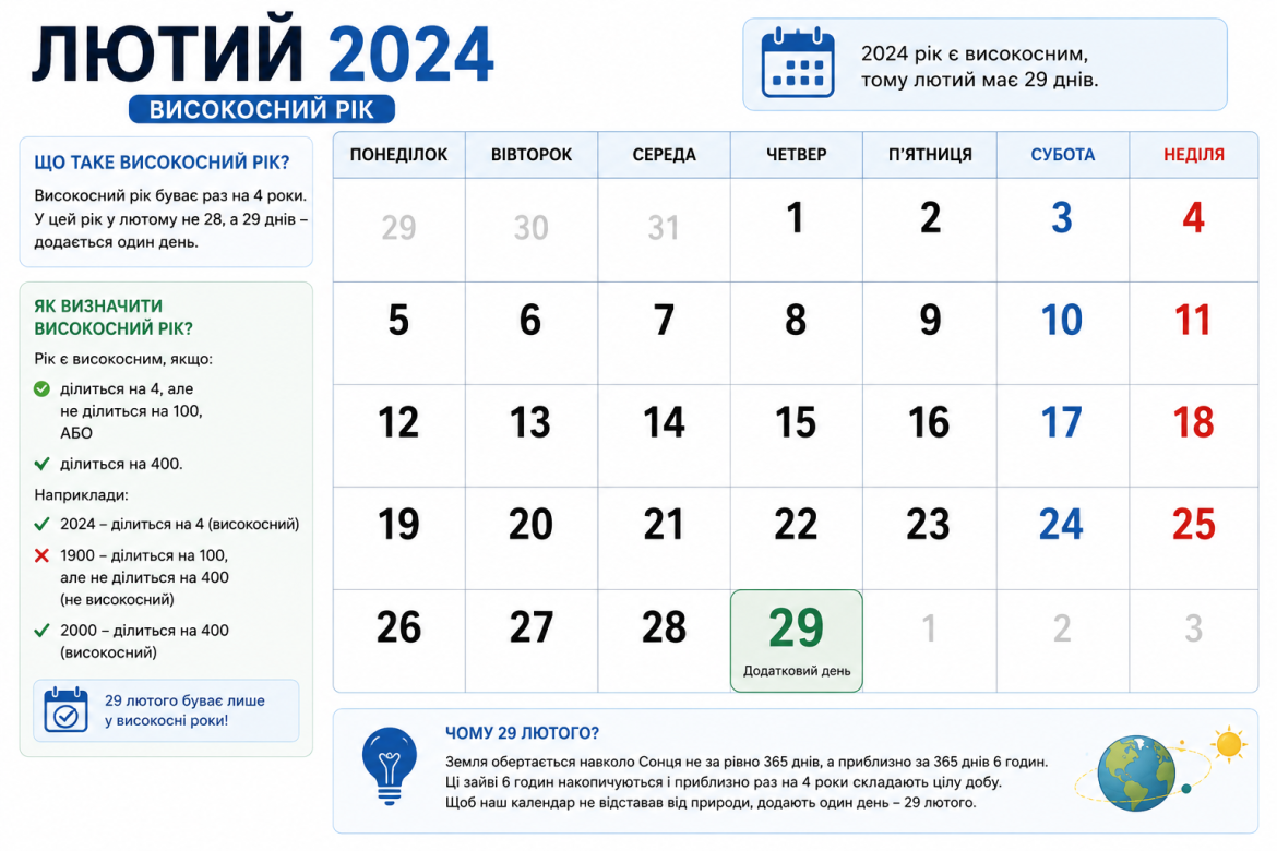 Календар лютого 2024 року з виділеним 29 числом як додатковим днем високосного року, поясненням правил визначення та причиною появи зайвого дня через орбіту Землі