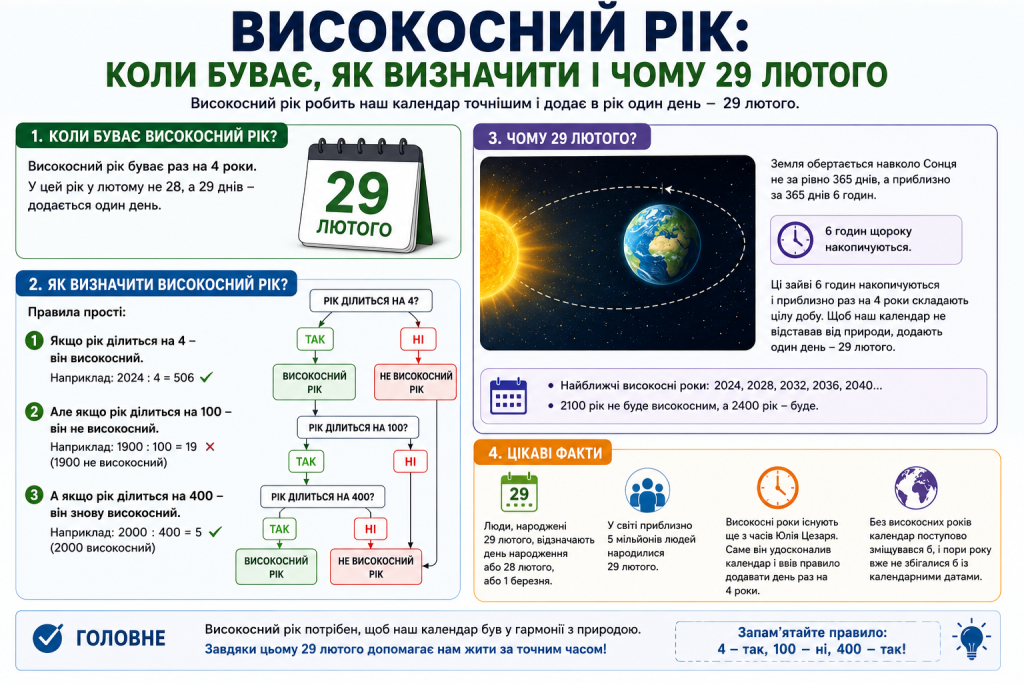 Інфографіка про високосний рік: правила визначення за дільністю на 4, 100 і 400, причина появи 29 лютого через орбіту Землі та цікаві факти про людей, народжених у цей день