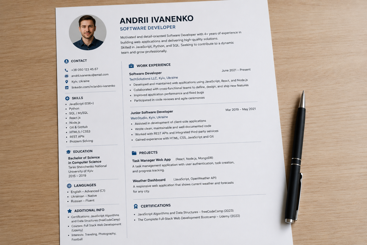 Роздруковане CV англійською мовою з фото, досвідом роботи та навичками розробника на дерев'яному столі поруч з ручкою