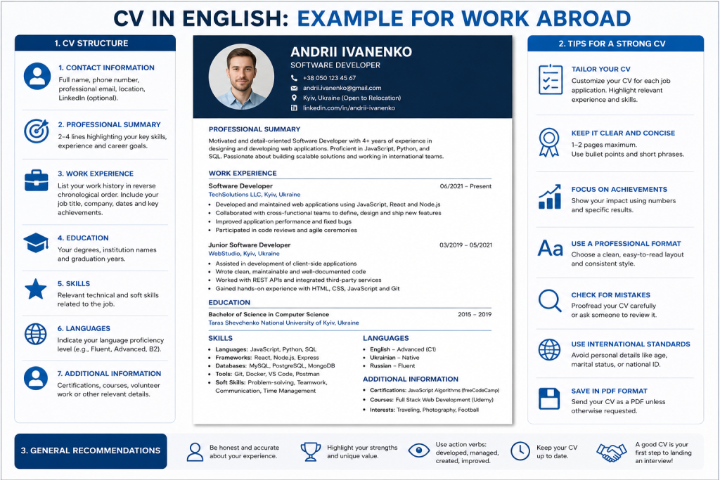 Інфографіка зі зразком CV англійською мовою для пошуку роботи за кордоном — структура резюме, приклад заповнення та рекомендації щодо оформлення