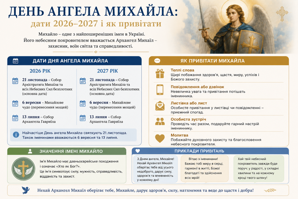 Інфографіка з датами Дня ангела Михайла на 2026-2027 роки та прикладами привітань