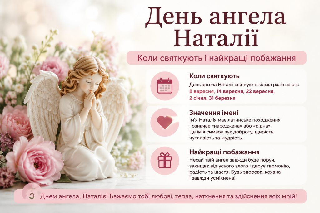 Інфографіка про день ангела Наталії з датами святкування, значенням імені та побажаннями