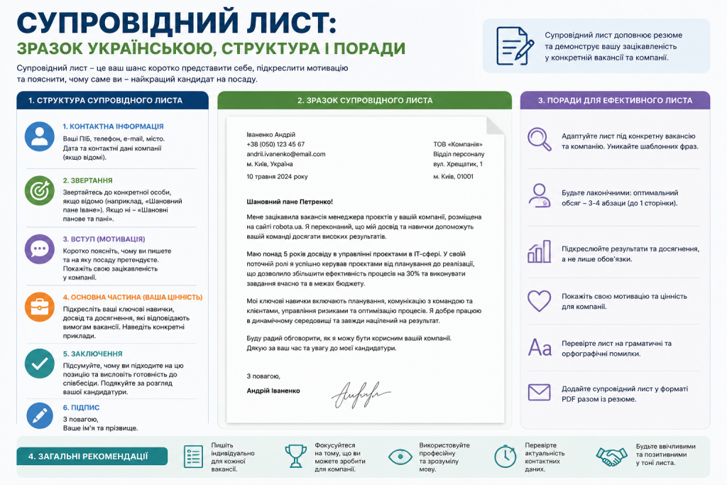 Інфографіка зі структурою та зразком супровідного листа українською мовою — розділи, приклад тексту та поради для ефективного листа