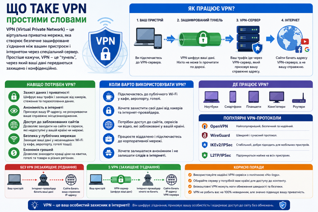 Інфографіка про VPN, принцип роботи, переваги, протоколи та випадки використання