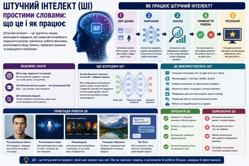 Інфографіка про принцип роботи, переваги та застосування штучного інтелекту