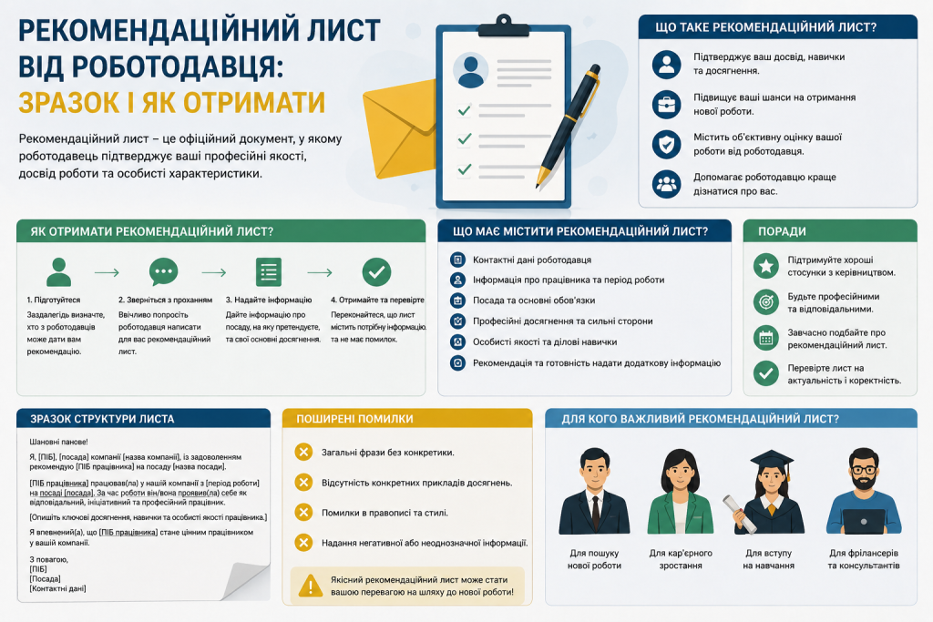 Інфографіка про рекомендаційний лист: що це таке, як отримати, що має містити, зразок структури та поширені помилки