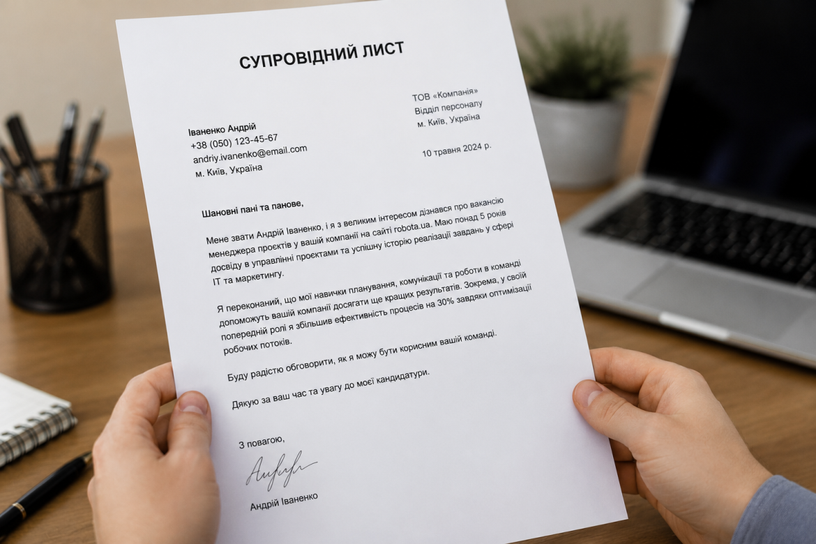 Чоловік тримає в руках аркуш паперу із супровідним листом на посаду менеджера проєктів на тлі ноутбука та блокнота