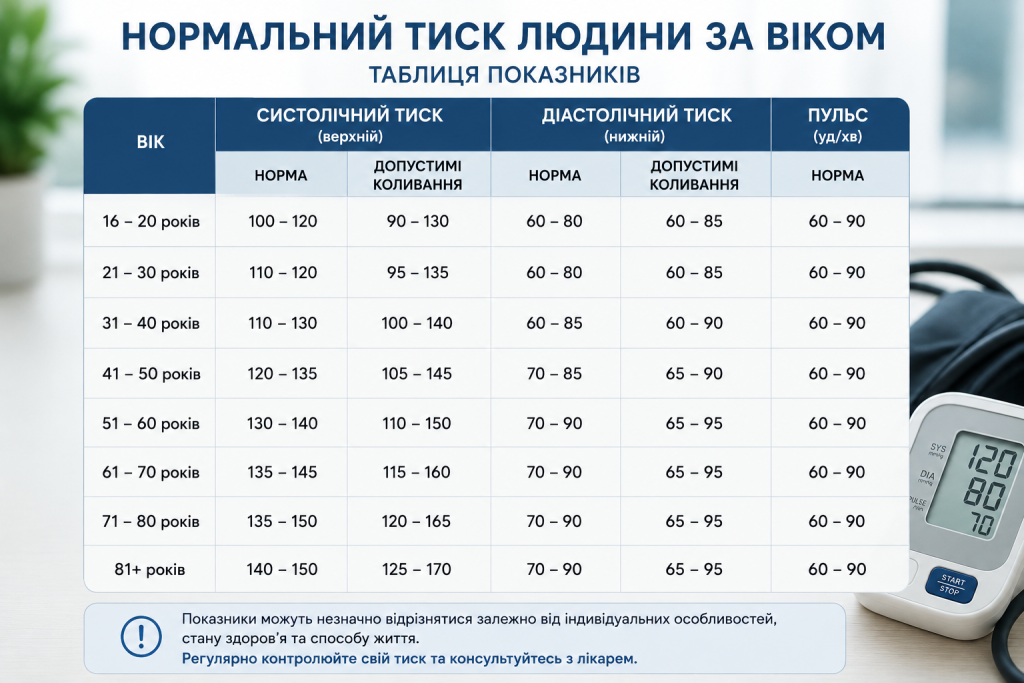 Таблиця норм артеріального тиску та пульсу для людей різного віку поруч з електронним тонометром