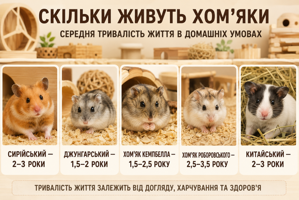 Інфографіка про тривалість життя сирійських, джунгарських та інших видів хом’яків і правила догляду за ними