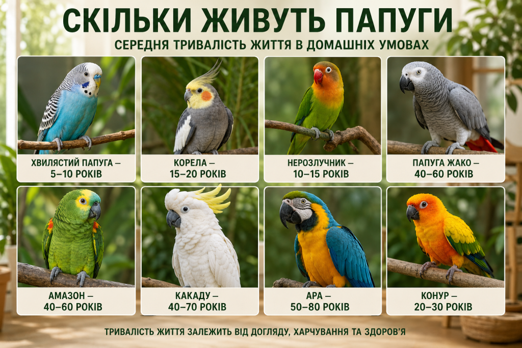Інфографіка про середню тривалість життя хвилястих папуг, корел, жако, ара та інших домашніх папуг