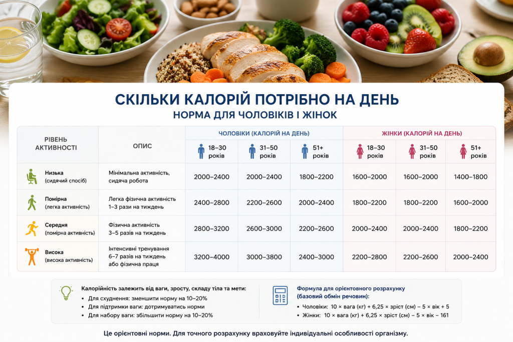 Таблиця добової норми калорій для чоловіків і жінок різного віку залежно від рівня фізичної активності