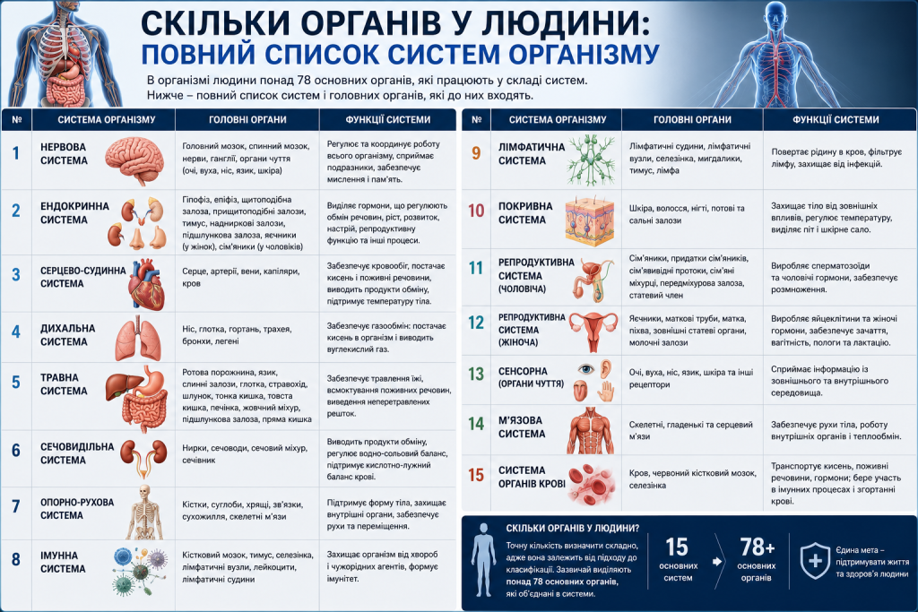 Інфографіка про основні органи людини, системи організму та їхні функції