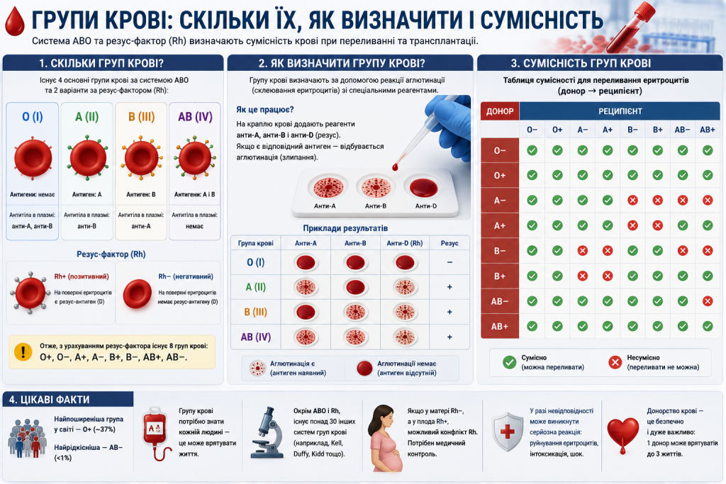 Інфографіка про групи крові ABO, резус-фактор та сумісність під час переливання