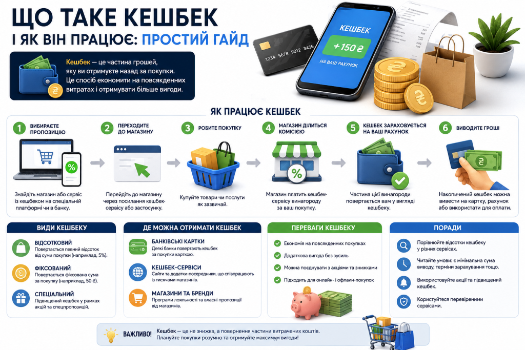 Інфографіка про принцип роботи кешбеку, його види, способи отримання, переваги та поради