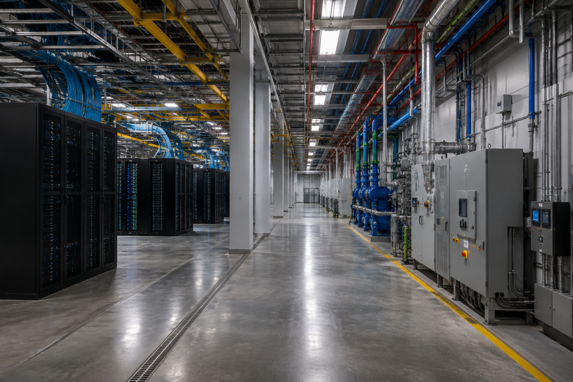 Сучасний дата-центр із серверними стійками, мережевими кабелями та інженерними системами
